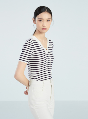 OVV春夏女装桑蚕丝亚麻混纺系带海军风条纹短袖针织衫GNZBJ13003A
