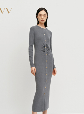 OVV秋冬女腰部抽褶修身长款圆领长袖连衣裙GQZZJ34109A