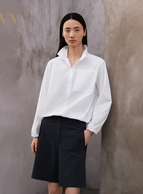 OVV春夏女装空气洗匹马棉翻领橡筋抽绳长袖衬衫GNSAJ14006A