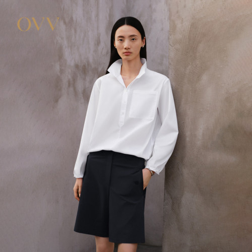 OVV春夏女装空气洗匹马棉翻领橡筋抽绳长袖衬衫GNSAJ14006A