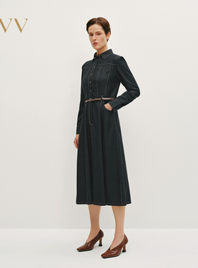 OVV秋冬女牛仔翻领羊毛随附腰带长袖休闲连衣裙GQLCJ34103A