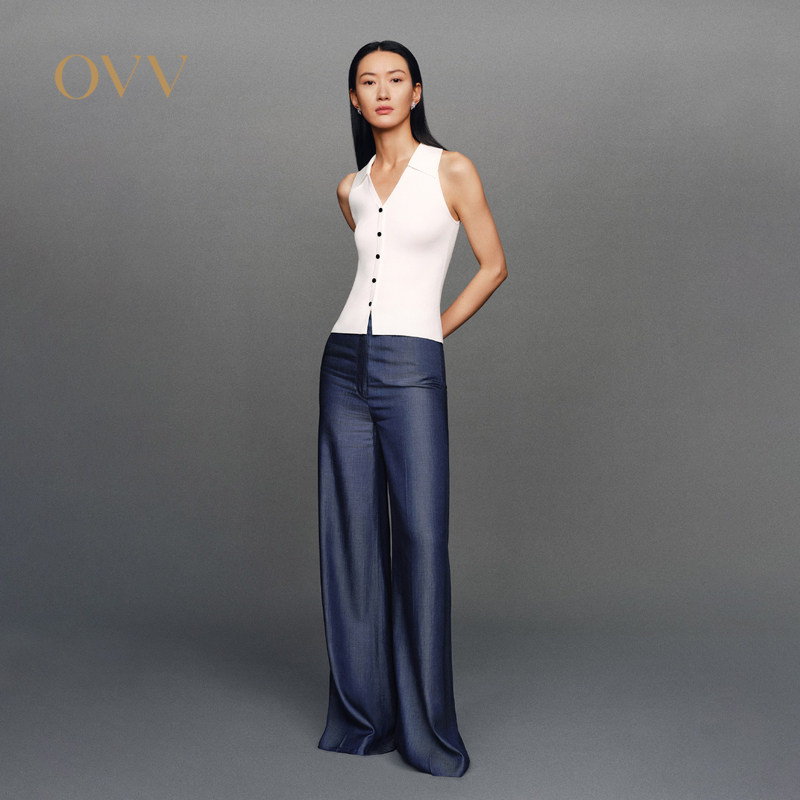 OVV春夏新款女装铜氨纤维舒适光泽牛仔阔腿裤休闲长裤GKCAJ14017A