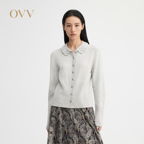 OVV2026秋冬新款女装山羊绒蕾丝娃娃领休闲针织开衫GNZRJ46113A