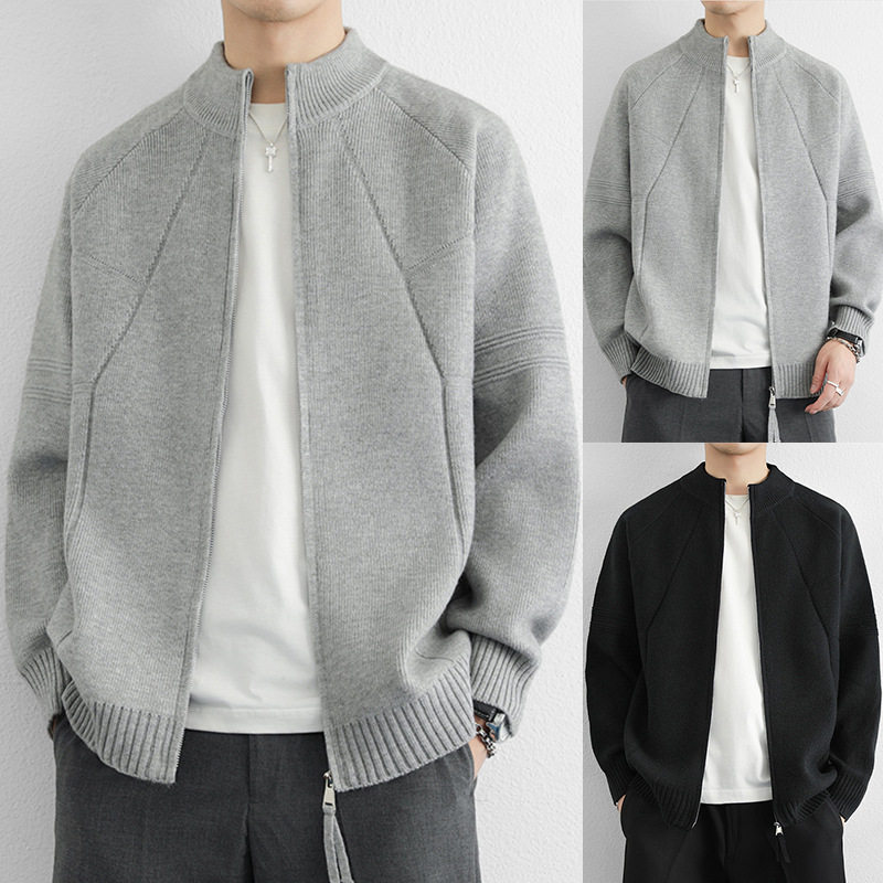 秋冬休闲风立领拉链针织开衫男士百搭宽松毛衣外套时尚纯色长袖潮