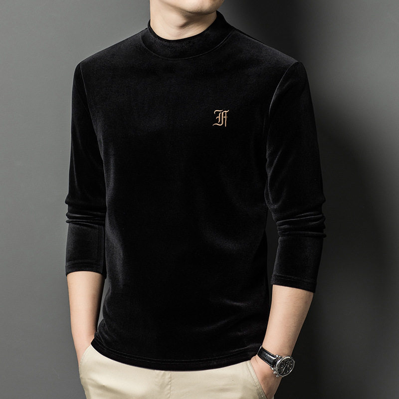 乡味记秋冬男士金丝绒长袖T恤高档半高领打底衫加绒保暖套头上衣