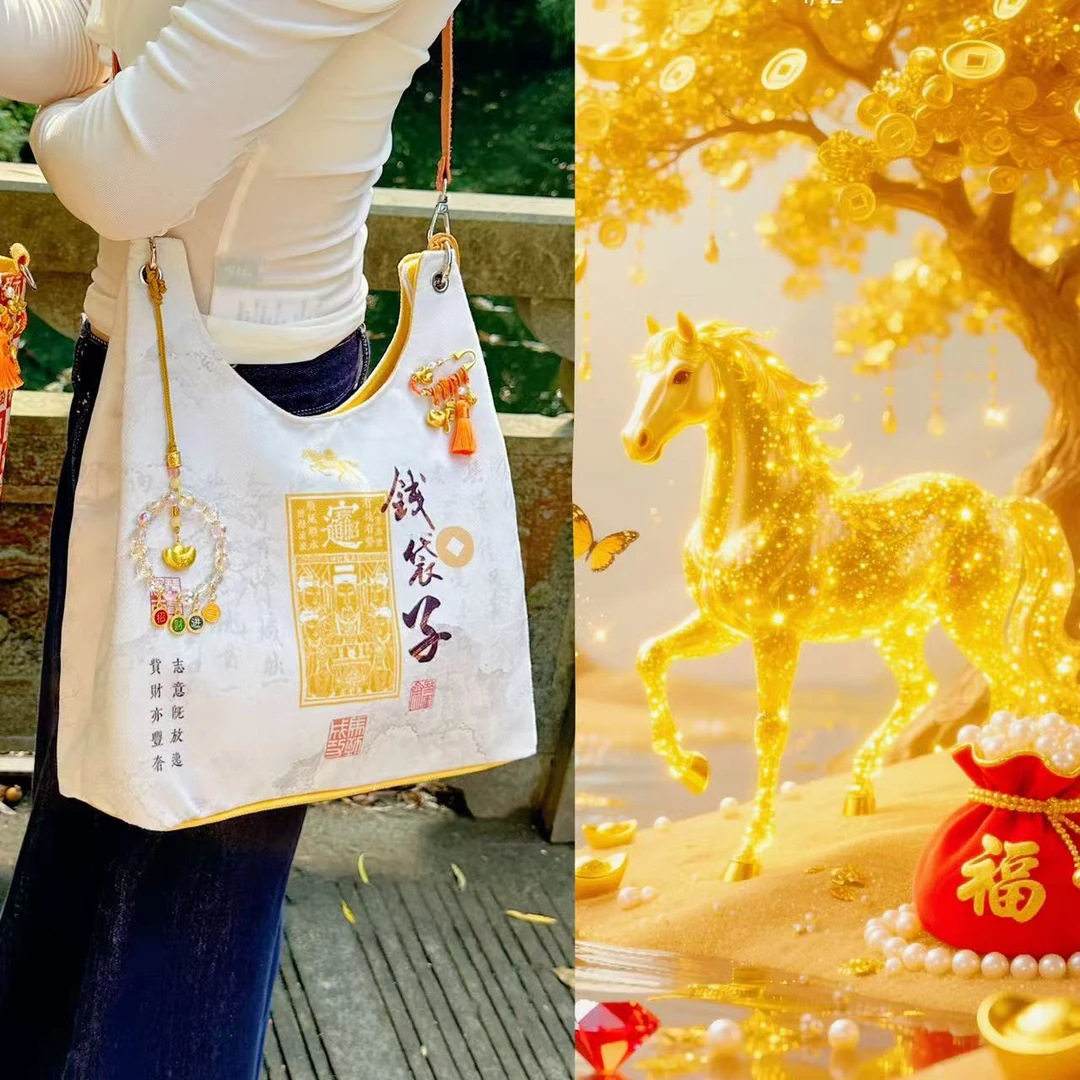2026马年限定钱袋子托特包女白金色帆布单肩包中式传统风斜挎包包