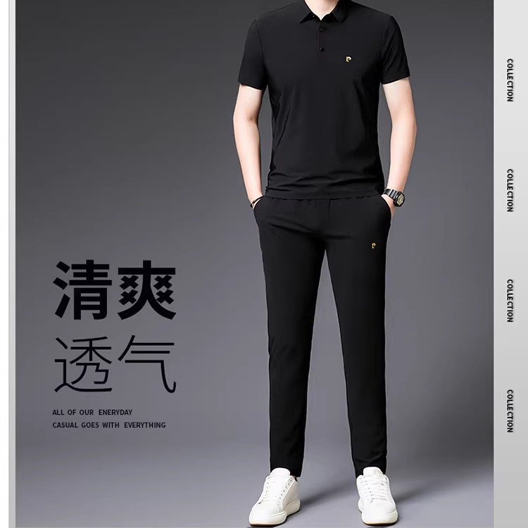 牧宝羊男士休闲套装夏季新款冰丝短袖T恤直筒裤两件套运动套装潮