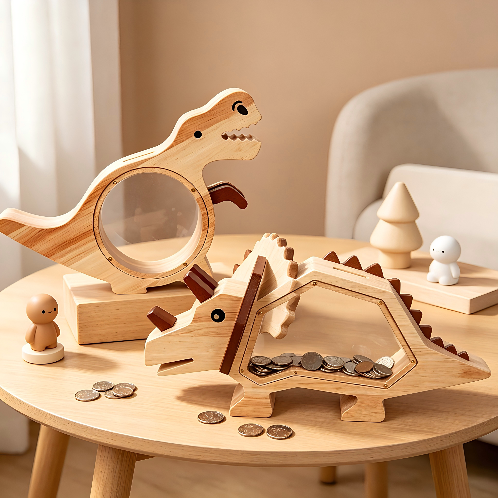 原木透明恐龙存钱罐儿童储蓄罐宝宝木质摆件防摔零钱罐男女孩礼物