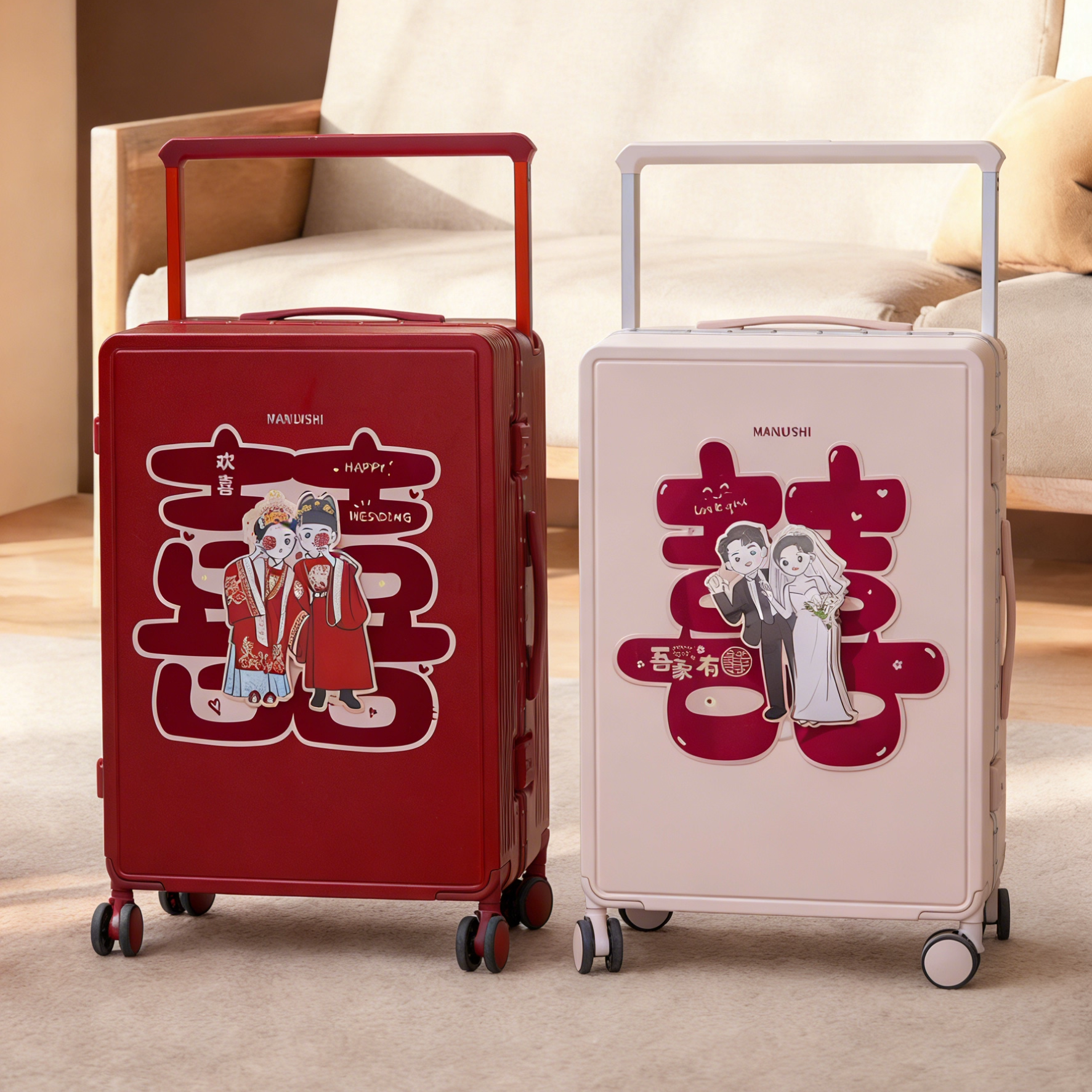 【新品】宽拉杆红色婚礼行李箱陪嫁箱新娘女多巴胺拉杆箱嫁妆皮箱