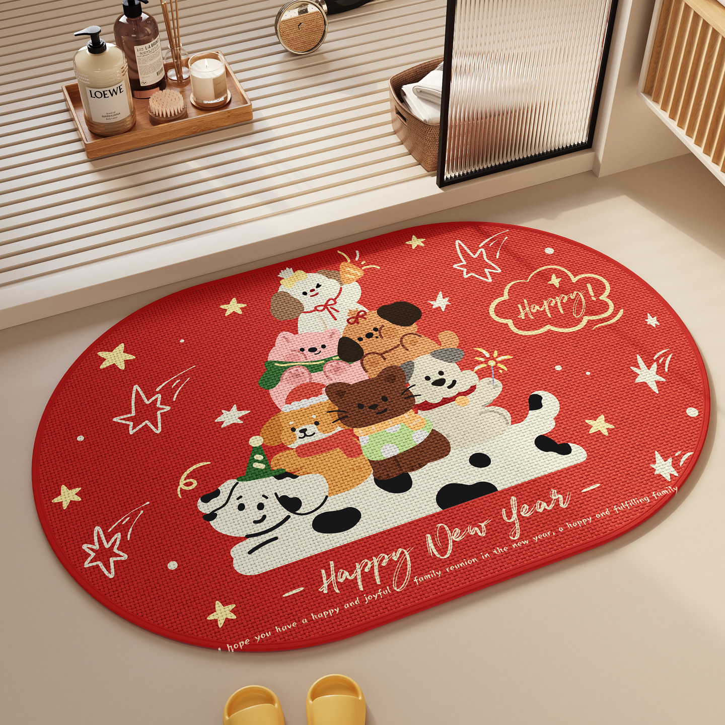新年浴室地垫红色喜庆2026新款卫生间门口防滑脚垫亚麻洗手间地毯,居家布艺,家用脚垫,淘宝优惠券,粉丝福利购,淘宝优惠卷
