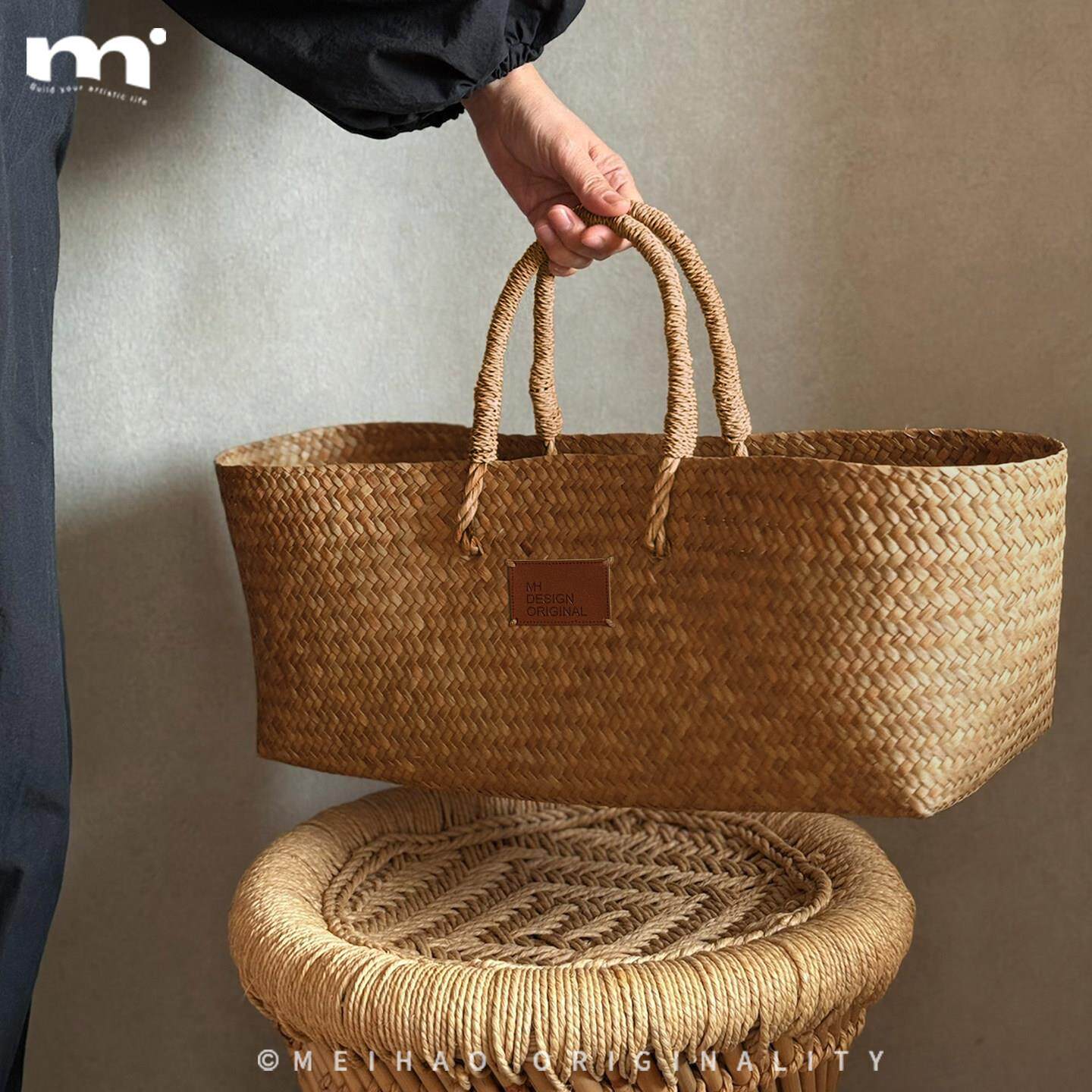 ins天然海草手工编织手提收纳篮礼品篮买菜篮子家用花篮单肩包