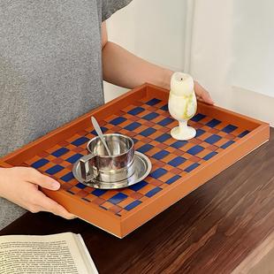 饰摆件 鸢尾蓝金棕手工编织香薰托盘棋盘格客厅桌面收纳皮质家居装