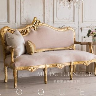 金色复古做旧实木沙发 欧式 三人沙发雕花仿古布艺样板间设计家具