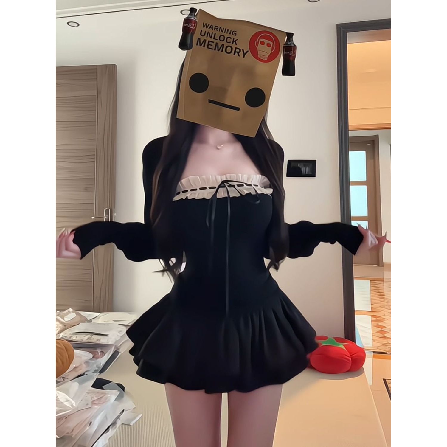辣妹纯欲风黑色开衫+撞色绑带无袖内搭+蓬蓬短裙修身显瘦三件套装