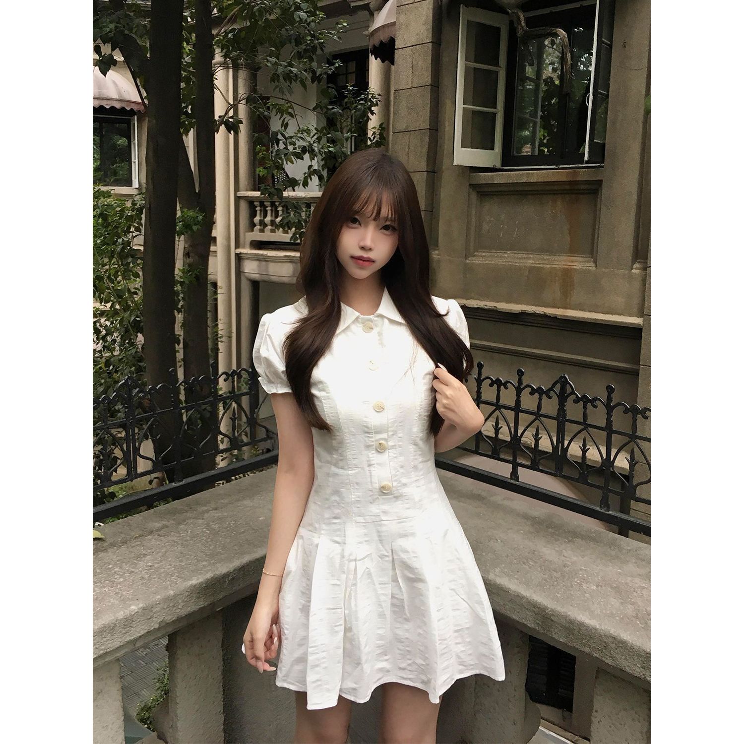 知更记忆 韩系甜美学院风白色polo领连衣裙女夏季收腰泡泡袖短裙
