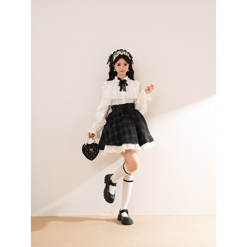 【月露霜糖】日系甜美清楚系衬衫+格子短裙两件套女设计感秋冬季