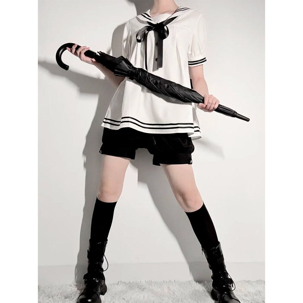 【旧日物语】黑白色哥特常服水手服短袖上衣+黑色短裤两件套装cos