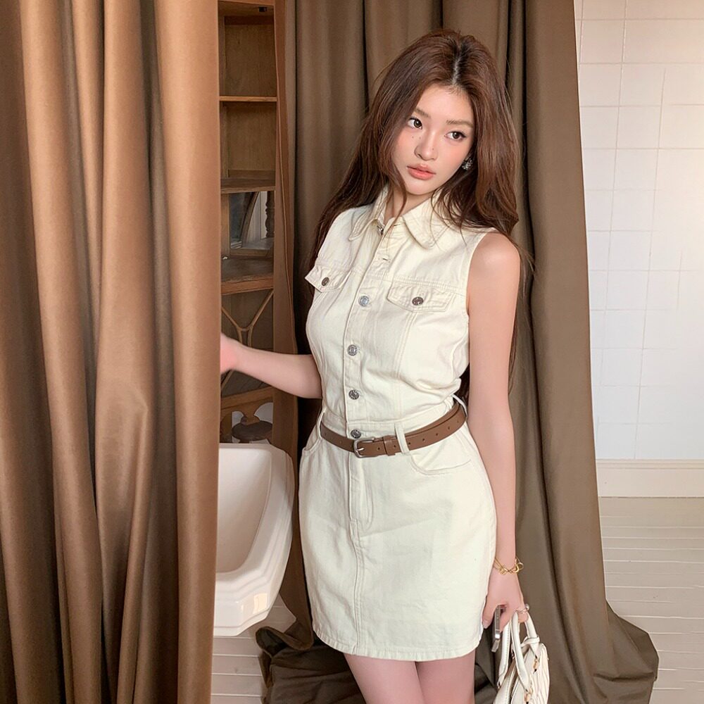 春夏新款设计收腰牛仔裙女法式时髦气质翻领连衣裙子短款