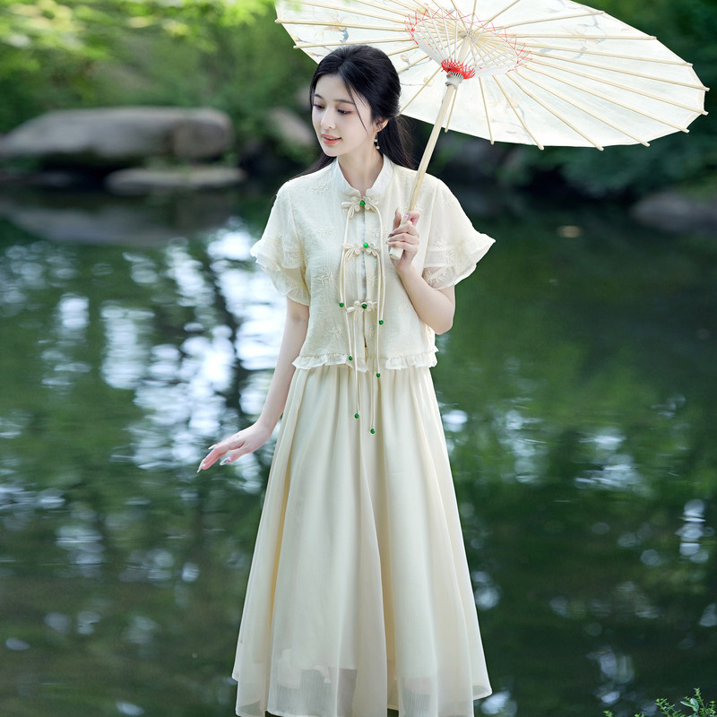 新中式国风盘扣改良旗袍上衣淑女甜美半身裙复古名媛风两件套装