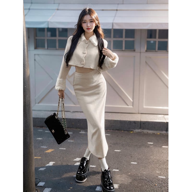 毛毛拼接翻领短款长袖开衫外套女春气质高腰半身裙鱼尾包臀裙套装