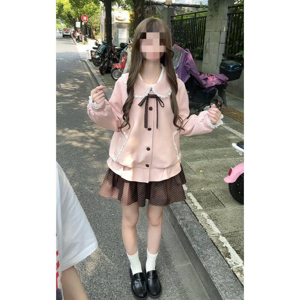 草莓布丁 学院风蕾丝边娃娃领毛呢外套上衣波点半身裙两件套