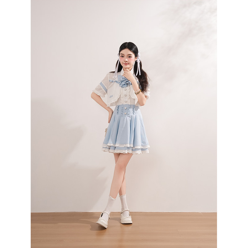 奶芙脆蓝 甜酷日系连衣裙蝴蝶结优雅蓝白拼接开衫两件套甜美套装