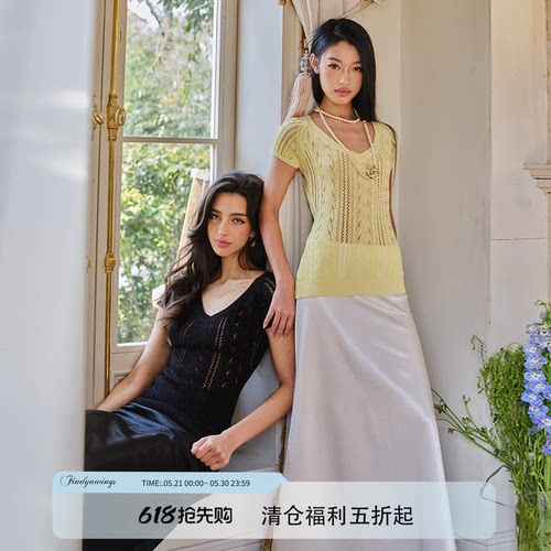 FINDYAWINGS《曼哈顿老钱》old money针织V领绞花短袖透视上衣