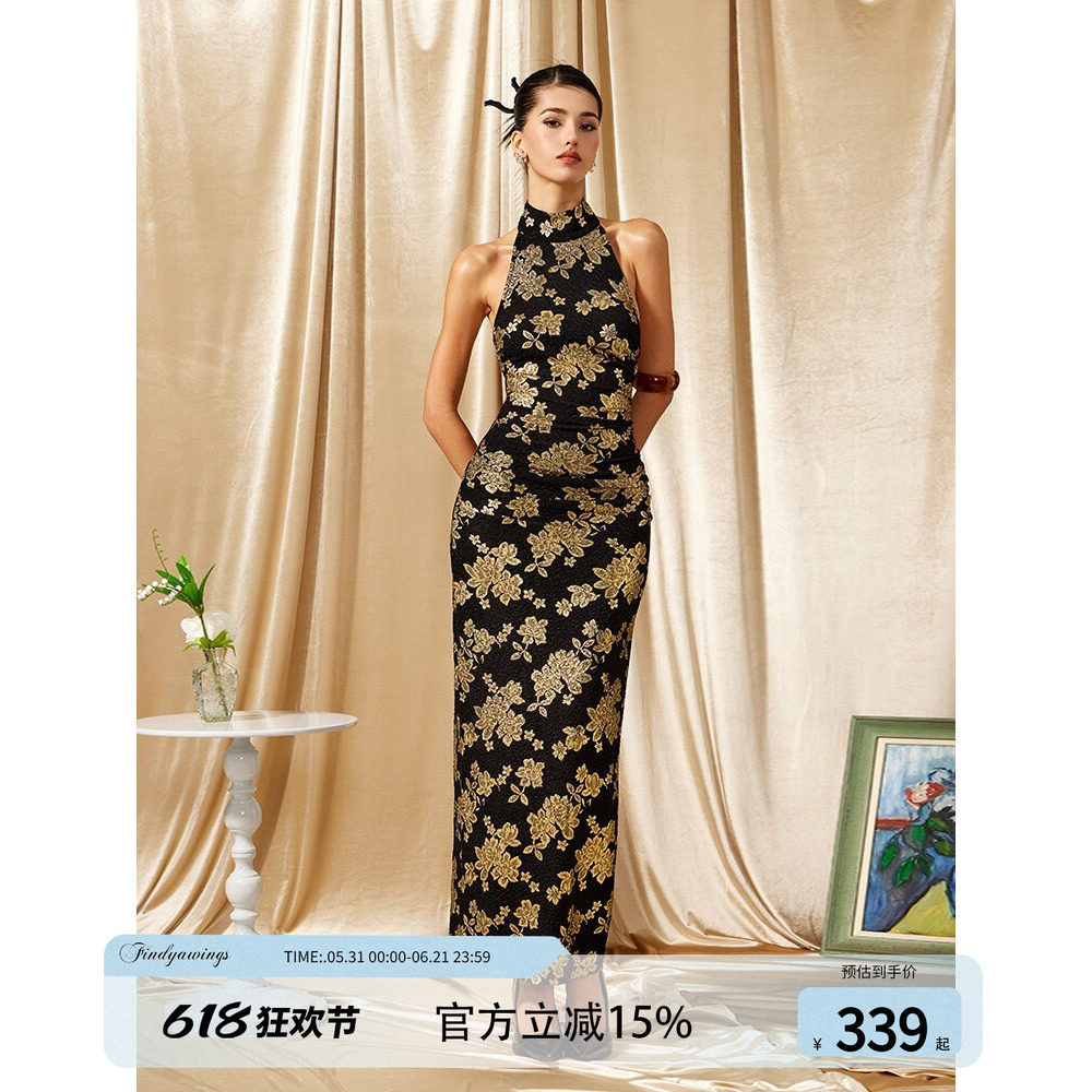 《张南同款》FIND YA WINGS新中式旗袍烫金性感晚礼服挂脖连衣裙
