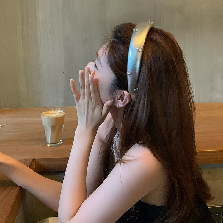甜酷辣妹 银色pu皮蝴蝶结发箍高颅顶气质头箍侧边刘海发夹女头饰