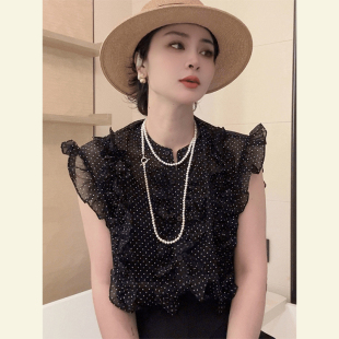 2025夏季 女 洋气独特别致漂亮上衣高端欧货小飞袖 黑色波点雪纺衬衫
