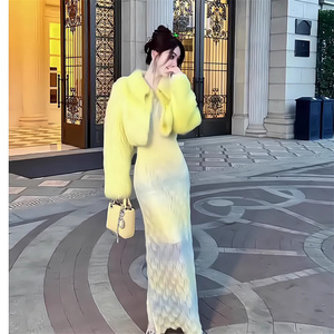 法式气质名媛女神范修身显瘦高端温柔成熟风连衣裙黄色外套两件套