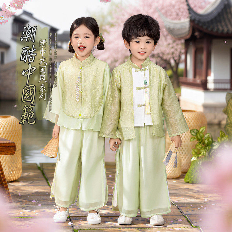 幼儿园唐装新中式表演服汉服男女宝宝舞台国学服朗诵服古装开笔礼