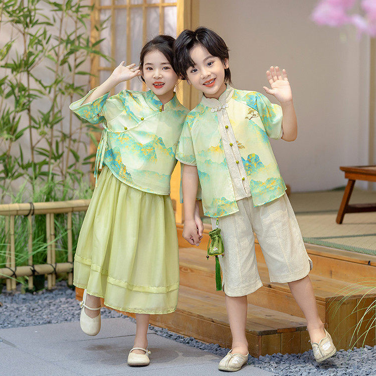 儿童汉服男孩女童旗袍唐装新中式国风少爷古装上春山演出舞蹈服装