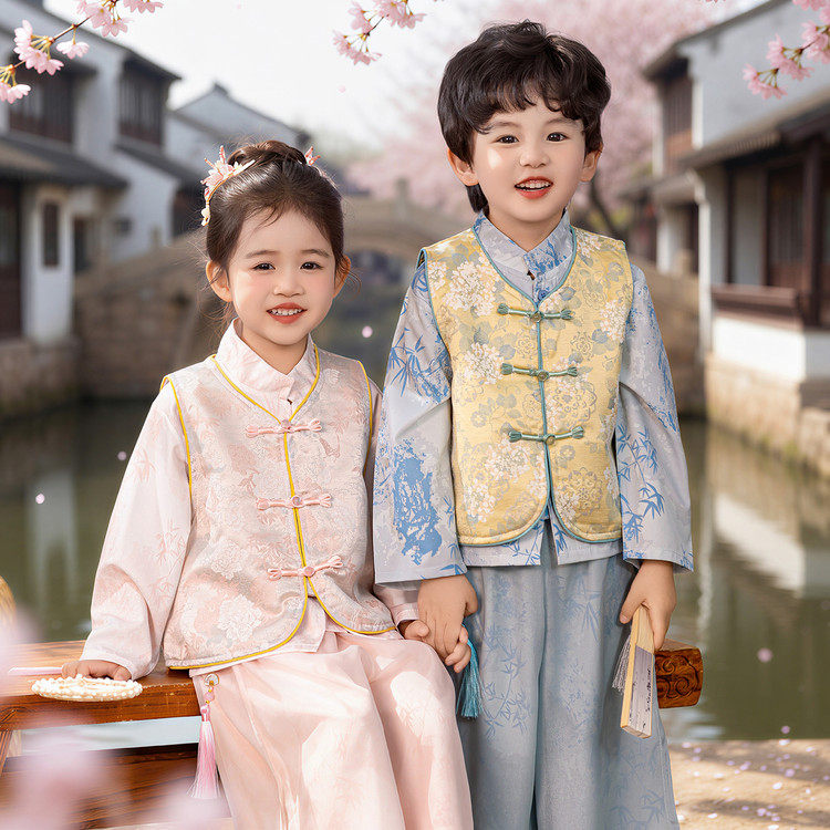 儿童新中式国风唐装马甲男女宝宝新年喜庆拜年服春秋无袖周岁礼服