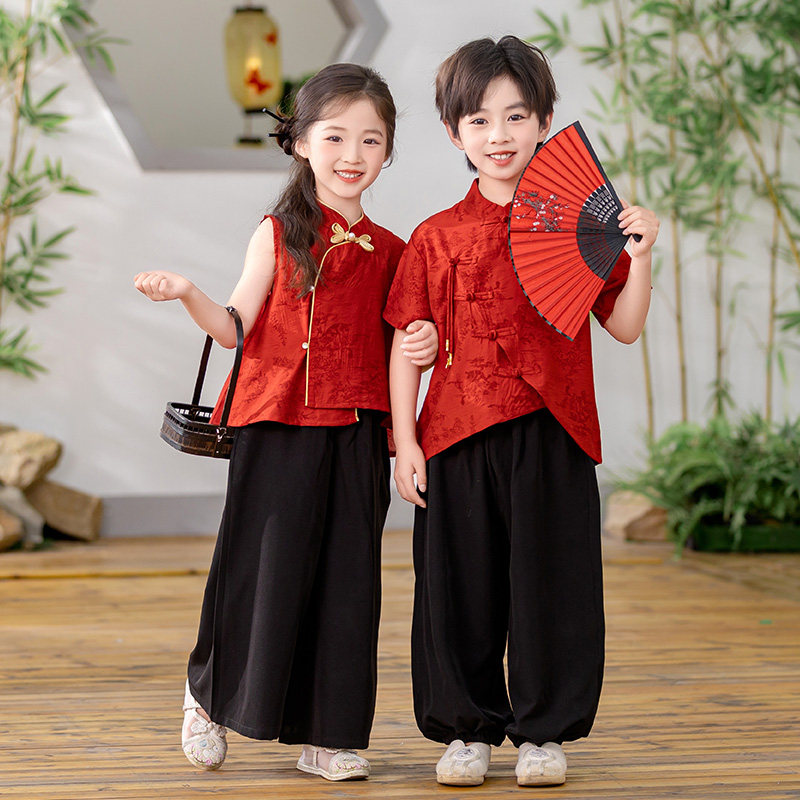 儿童汉服女童夏装新中式2025款国风唐装红色婚礼男女宝古风演出服