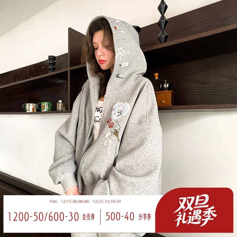 趣味印花短款连帽卫衣外套女秋季