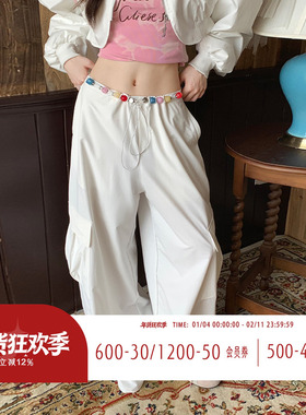 FTT FlyTheTruth『奶盐跳跳糖』 白色工装裤女秋季宽松伞兵休闲裤