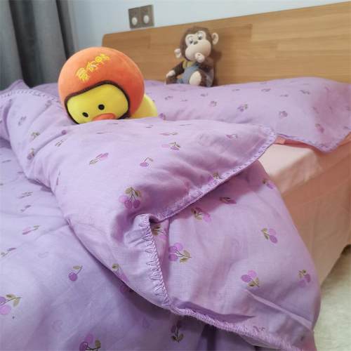 A类母婴双层纱紫色小樱桃少女心四件套全棉纯棉1.5m1.8被套床单