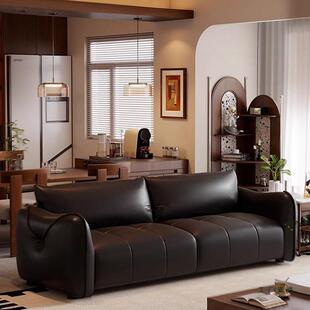 中古风生态真皮沙发小户型客厅卧室公寓直排黑色双人沙发皮艺办公