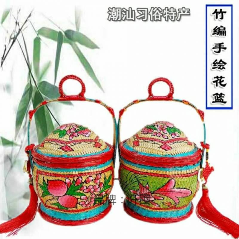 潮汕手绘春盛竹篮手工竹编篮子收纳篮储物篮花篮潮州传统竹艺摆件
