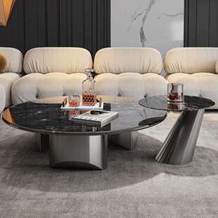 工厂轻奢台面深灰天然大理石茶几圆形组合小户型子母大理石茶几