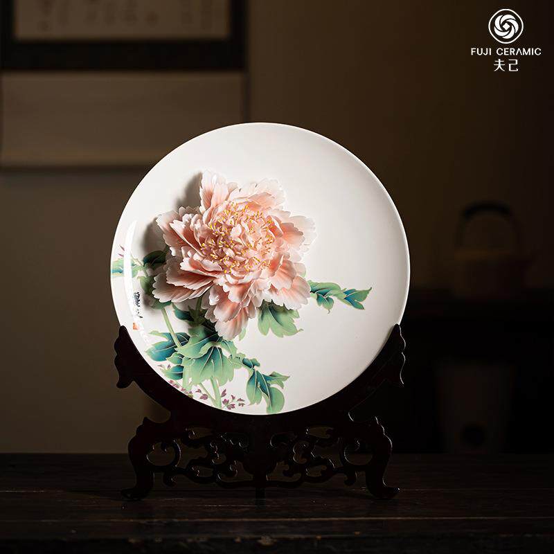 夫己纯手工陶瓷花纸春韵赵粉姚黄盘中式卧室玄关餐厅茶桌摆件