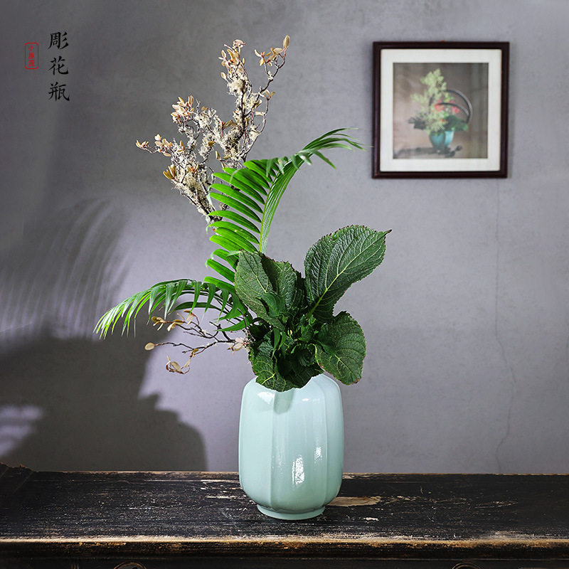 小原流縱筋彫花瓶陶瓷花器日式插花器皿花道青瓷投入瓶客厅摆件