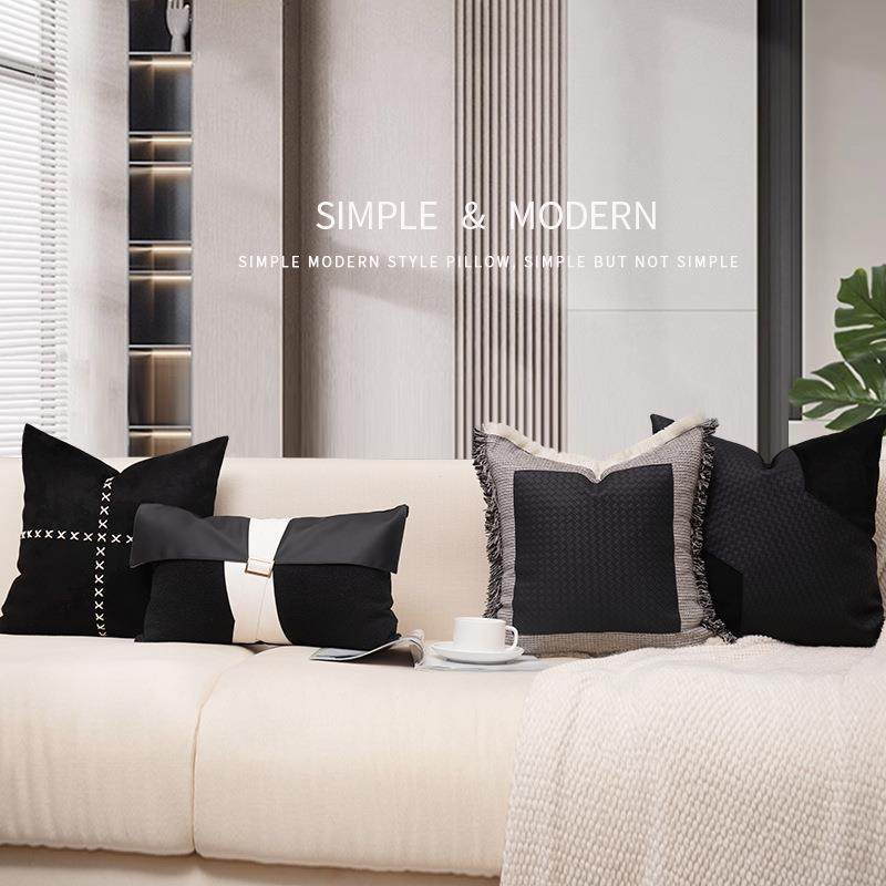 现代简约家用客厅沙发抱枕黑白色手工编织皮革贴布靠垫腰枕套