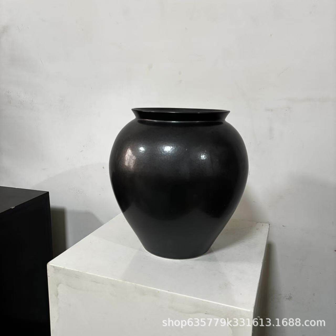 大肚圆罐黑色陶瓷花瓶插花花器水培花器样板间摆件现代简约花瓶