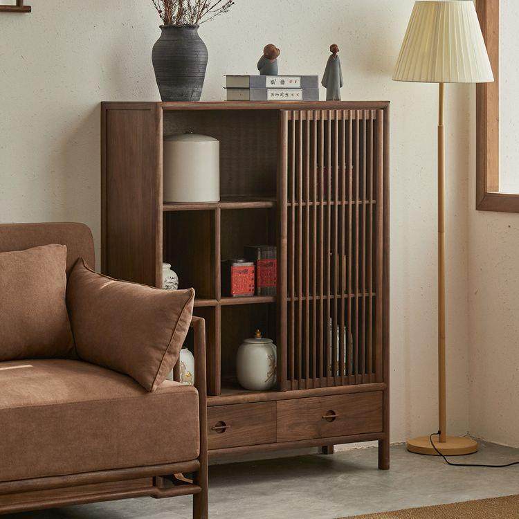 新中式实木餐边柜客厅边柜沙发侧边柜储物柜黑胡桃木茶桌柜茶边柜