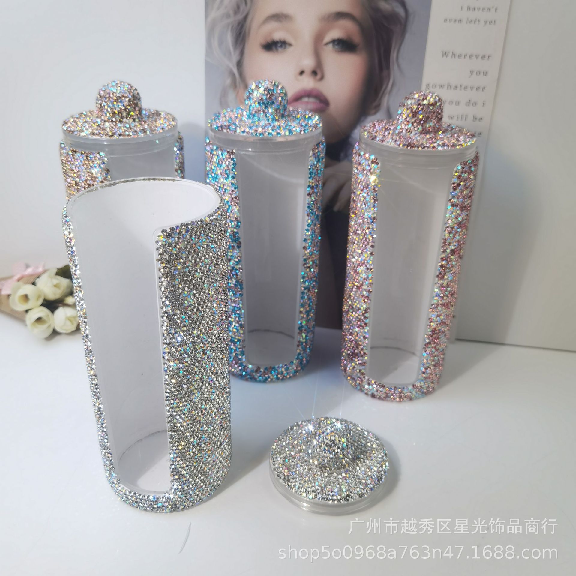 镶钻高级塑料大号化妆棉盒亚克力圆形开口棉签盒化妆工具收纳盒
