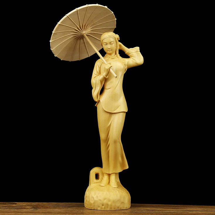 黄杨木雕新中式江南烟雨美女摆件