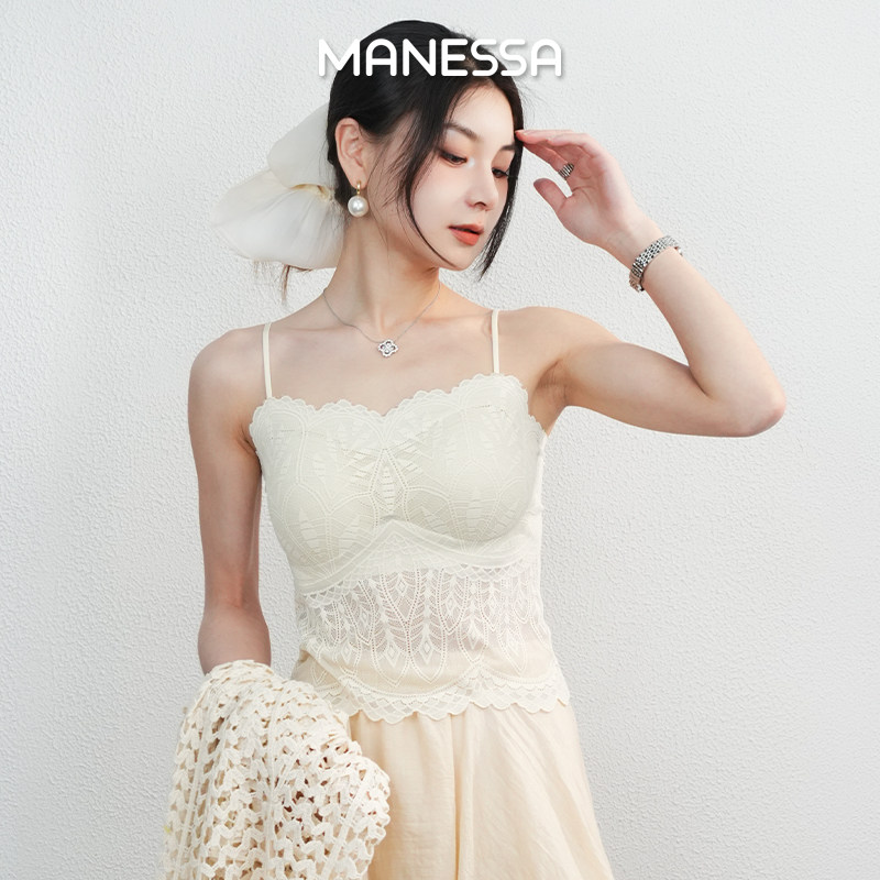 曼娜莎蕾丝无痕美背吊带背心女内搭带胸垫26夏季新款白色性感内衣