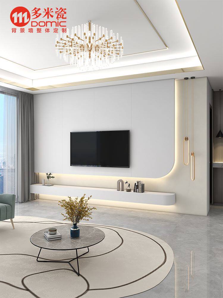 新款悬空岩板电视背景墙网红素色哑光客厅大理石现代简约弧形